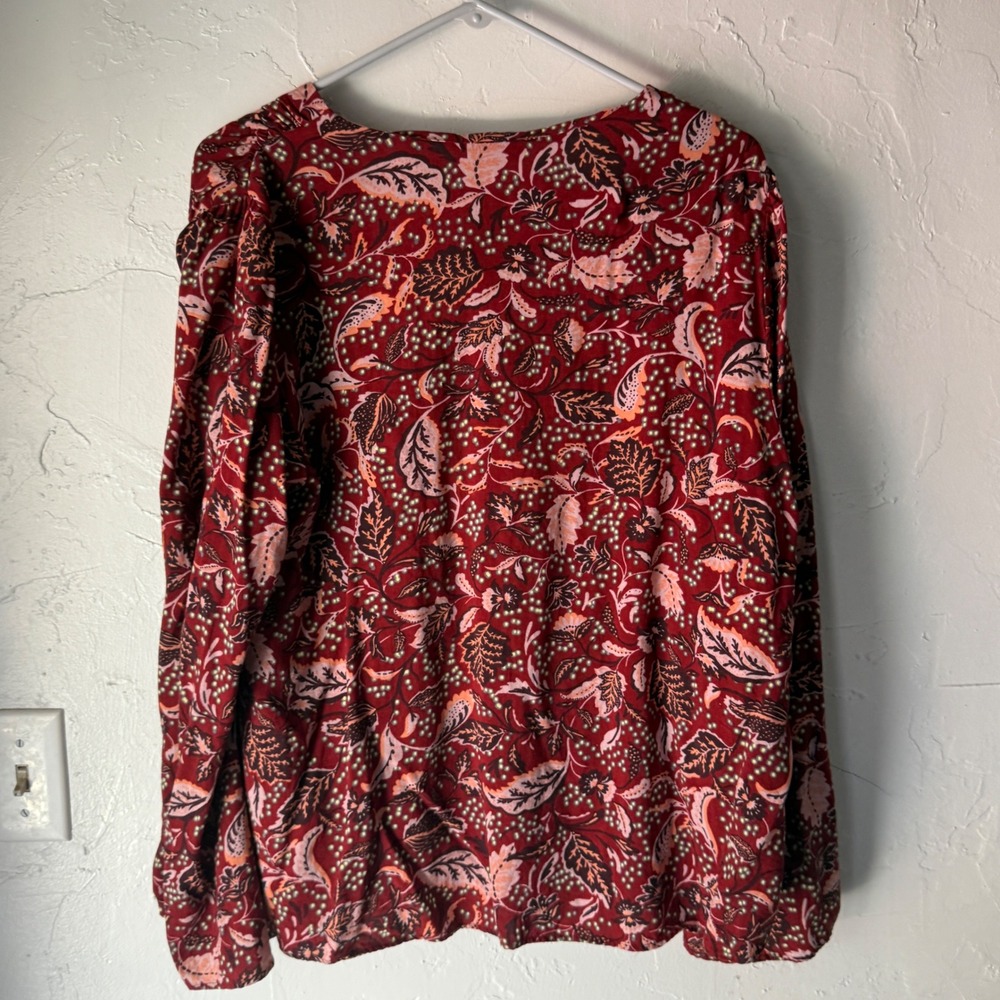 Jessica Simpson Burgundy Floral Print Tassel Neck Long‎ Slv Blouse XL Fall Boho - Picture 7 of 7